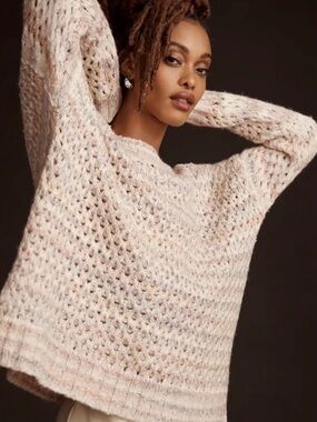 Anthropologie 2023 Oversized Mesh Stitch Sweater Cream Multicolor XS Fisherman